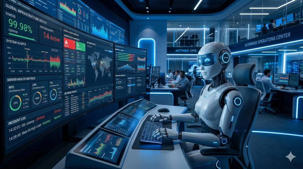 Humanoid AI robot monitoring enterprise infrastructure dashboards in a modern IT operations center