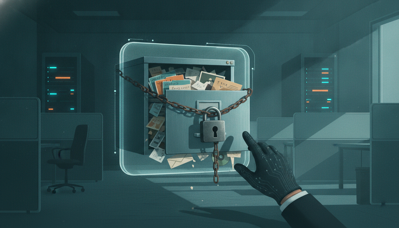 Illustration of a computer recycle bin as a hidden filing drawer - IT war story blog cover